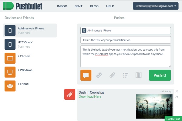 PushBullet's web app can send notifications (text and more) to your devices and browsers