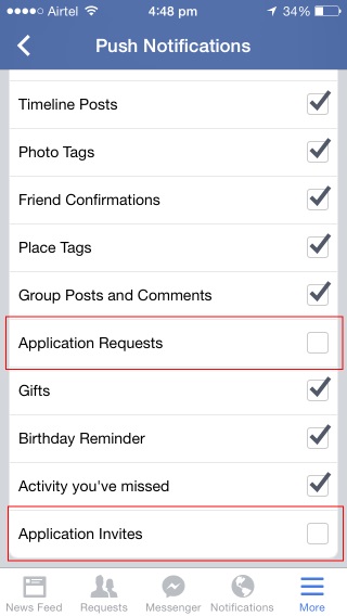 Uncheck Application Requests and Application Invites