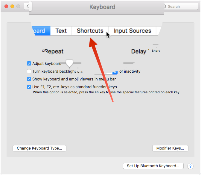 Click the Shortcuts tab on the System Preferences dialog box.