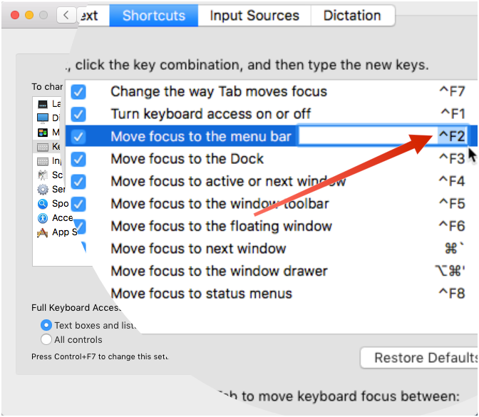 Change keyboard shortcut for the Move focus to the menu bar option.