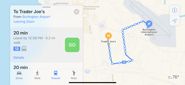 Apple Maps transit info in Vermont