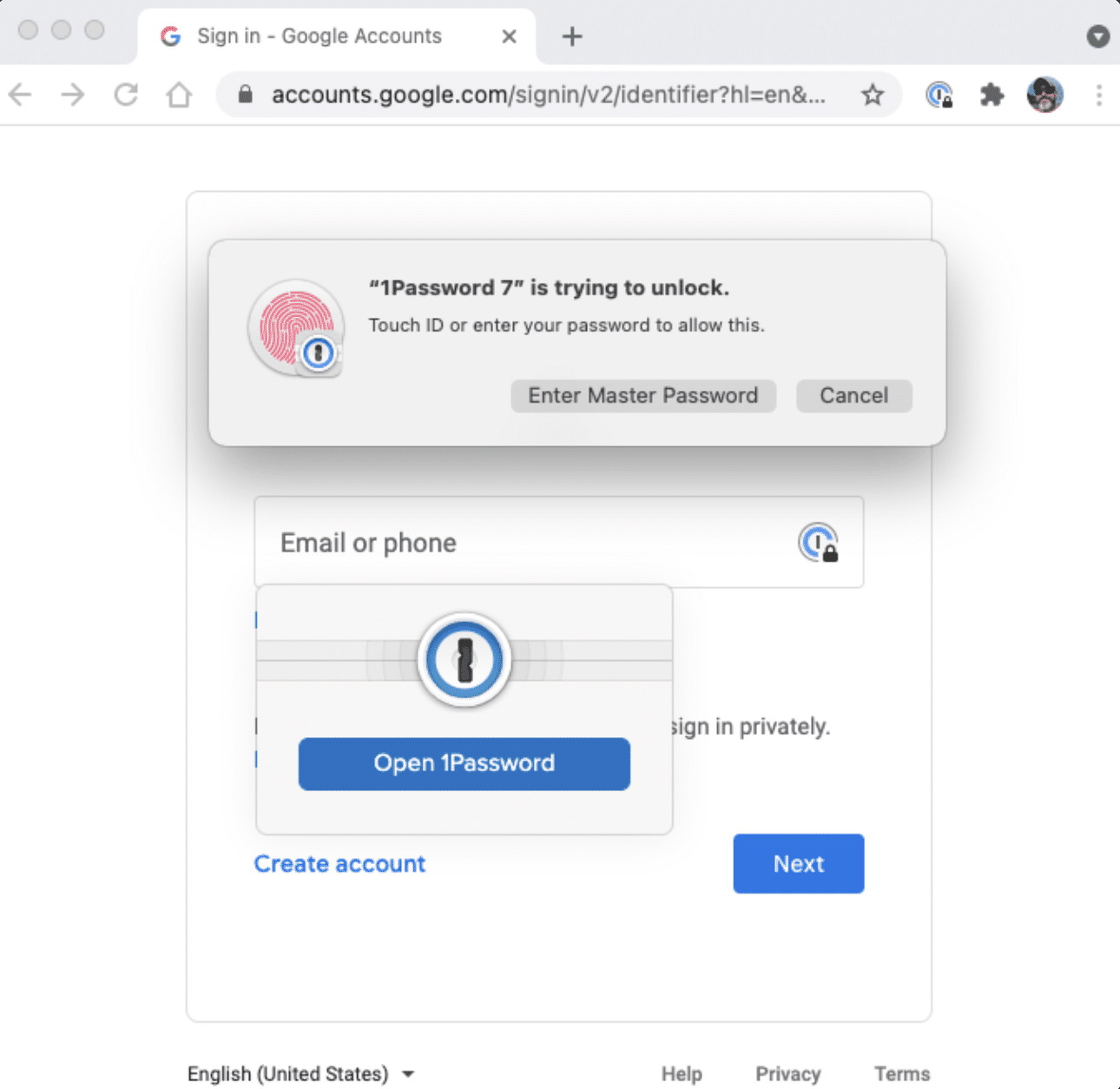 1password web browser touch id support