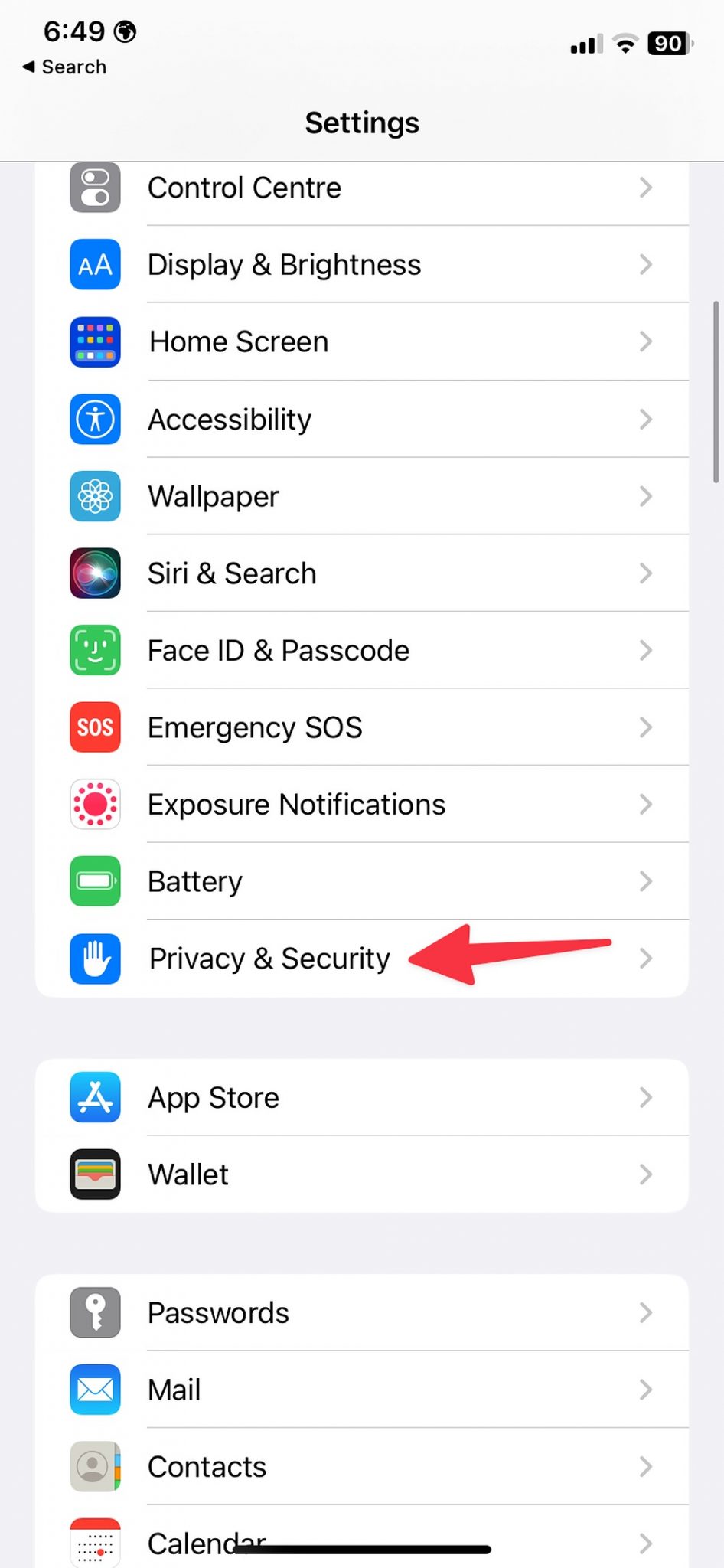 Open privacy and security on iPhone